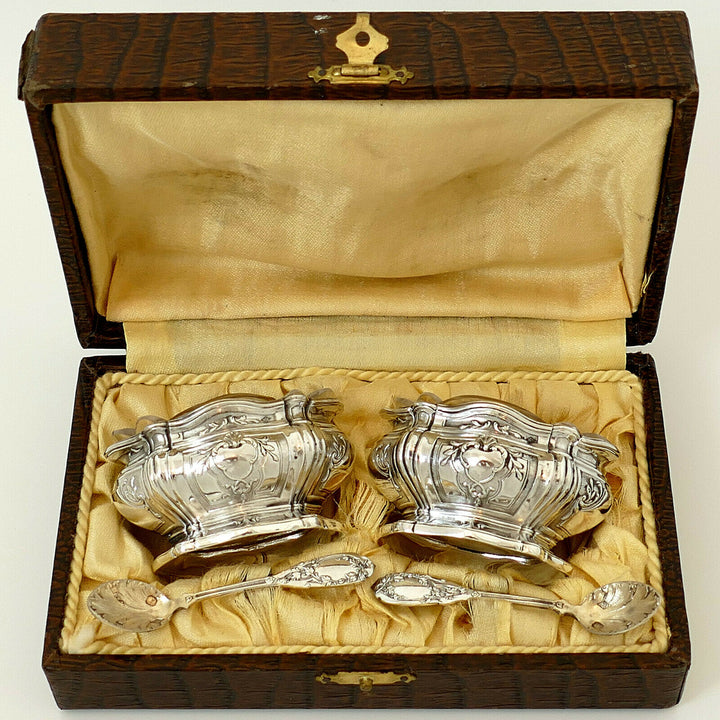 Puiforcat French Sterling Silver Salt Cellars Pair, Spoons, Box,