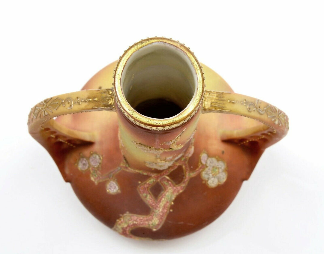 Japanese Nippon Porcelain Coralene Bead Handle Vase Plum Blossom Mk - AS IS