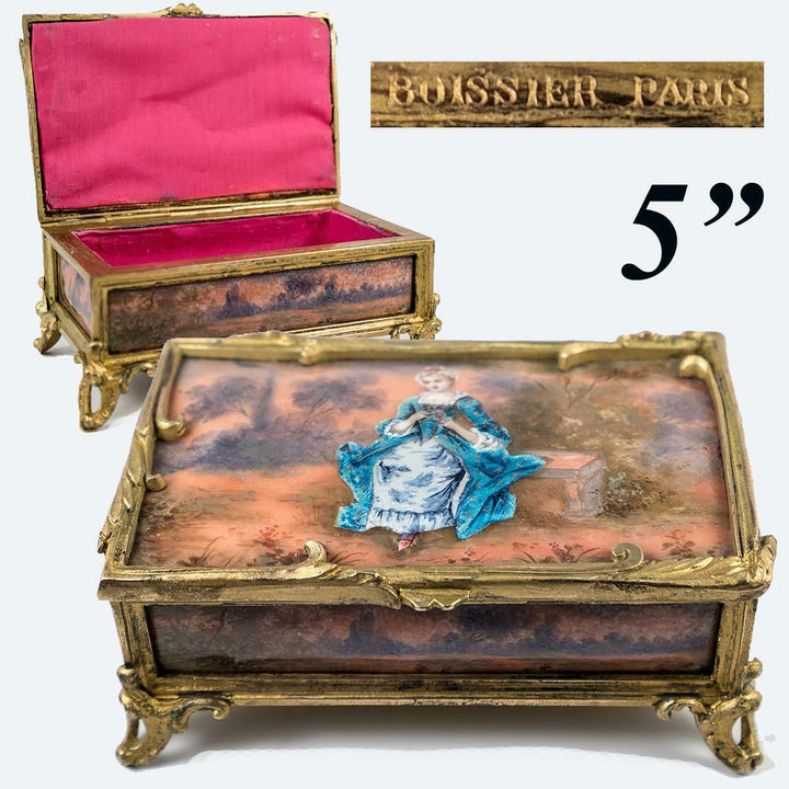 Rare Antique French Kiln-fired Enamel Jewelry box, Chocolatier's Signature