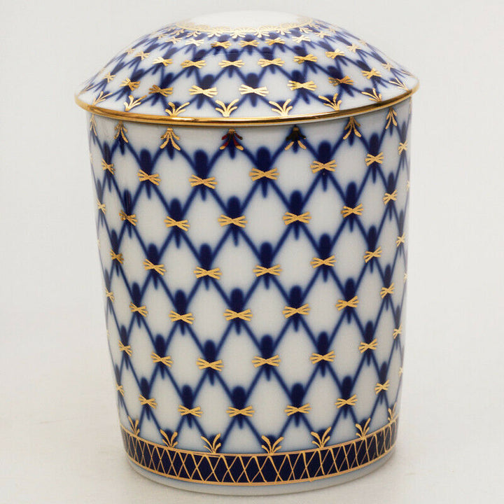 インペリアルポーセリン　蓋つきマグカップ＆ソーサーセット　コバルトネット模様 　ロモノーソフ