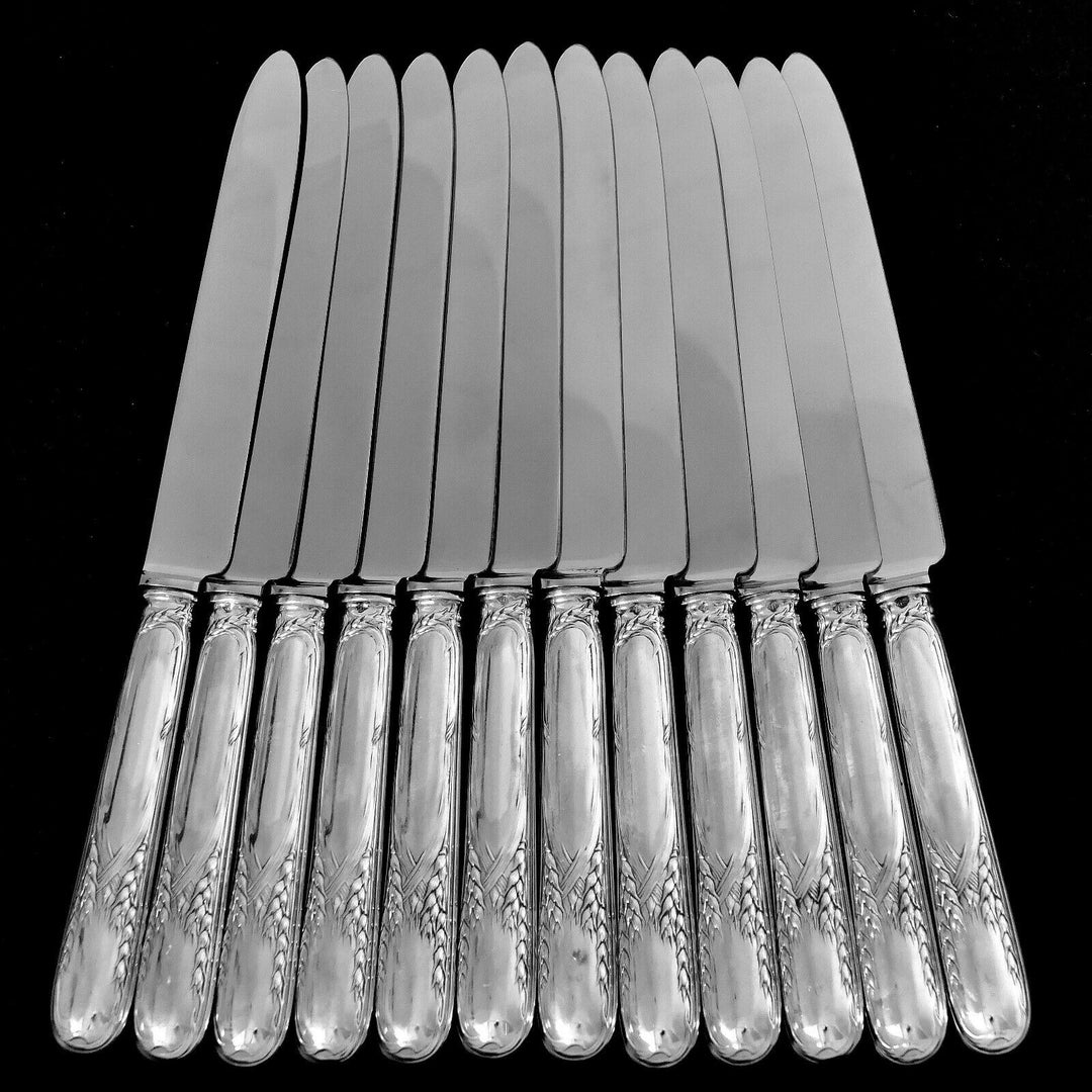 Puiforcat Rare French Sterling Silver Dinner Knife Set 12 Pc, Wheat, Art Nouveau