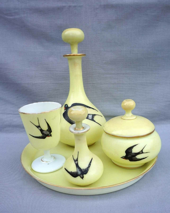 BACCARAT French Art Glass Hand Painted Yellow Opaline Night Set Swallow Complete