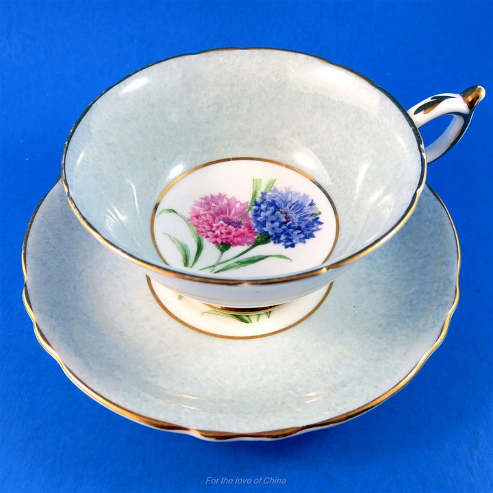 パラゴン　グレーのボーダーとピンクとブルーのコーンフラワー　カップ&ソーサー