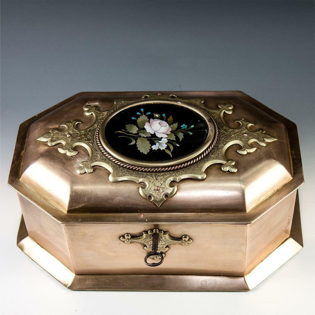 RARE Antique Heavy Italian Jewelry Box, 9.25" Casket, Pietra Dura Plaque c.1850