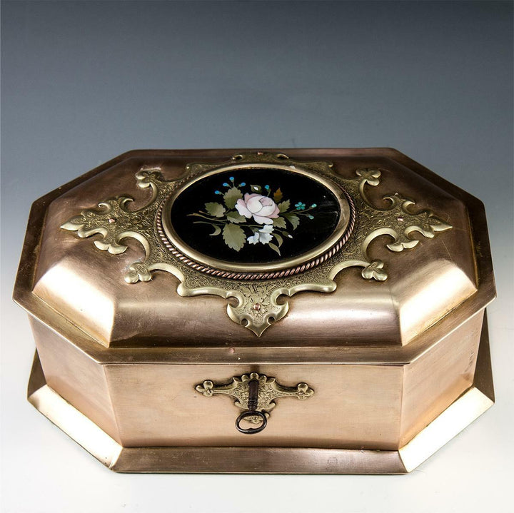 RARE Antique Heavy Italian Jewelry Box, 9.25" Casket, Pietra Dura Plaque c.1850