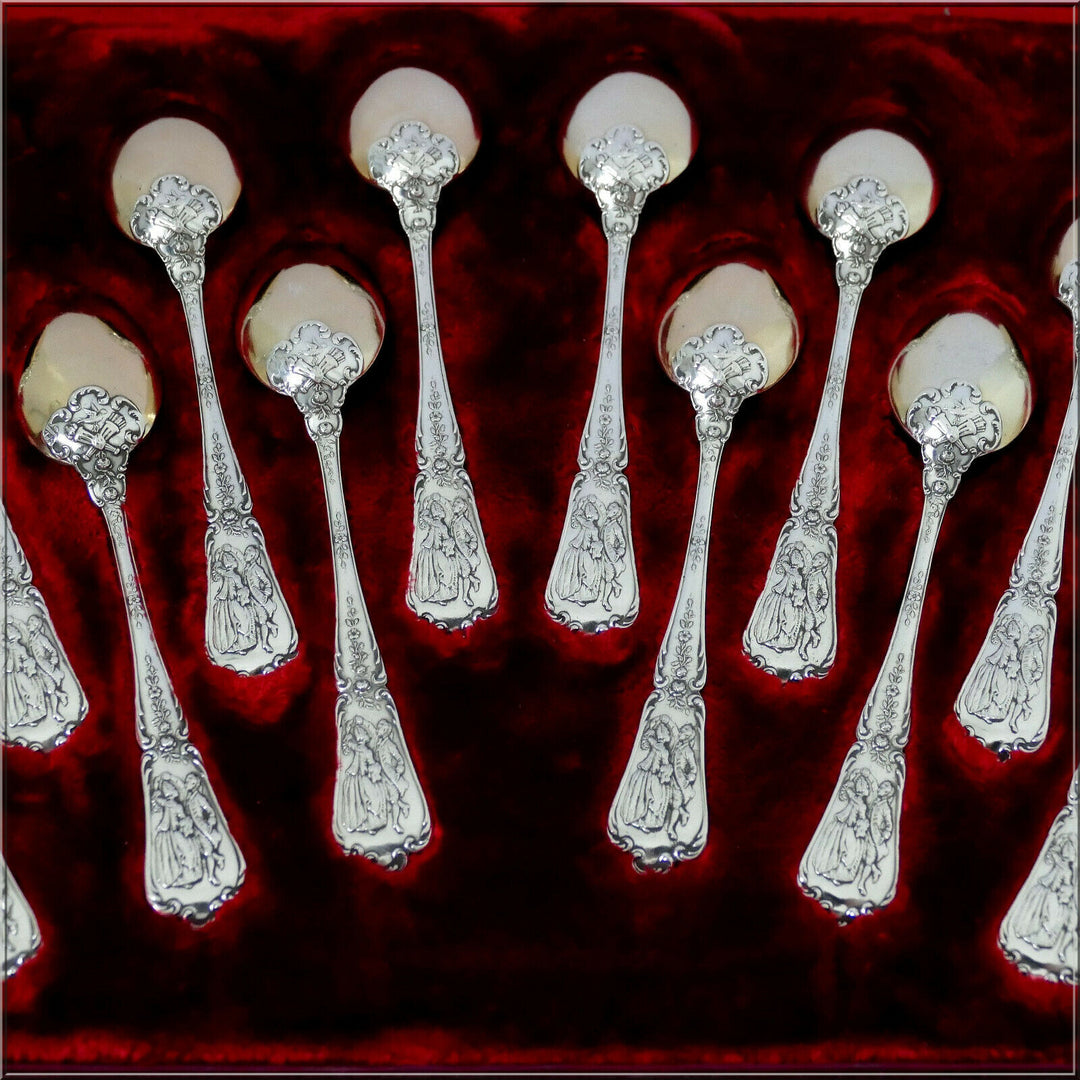 Puiforcat Masterpiece French Sterling Silver 18k Gold Tea Spoons Set 12 Pc, Box