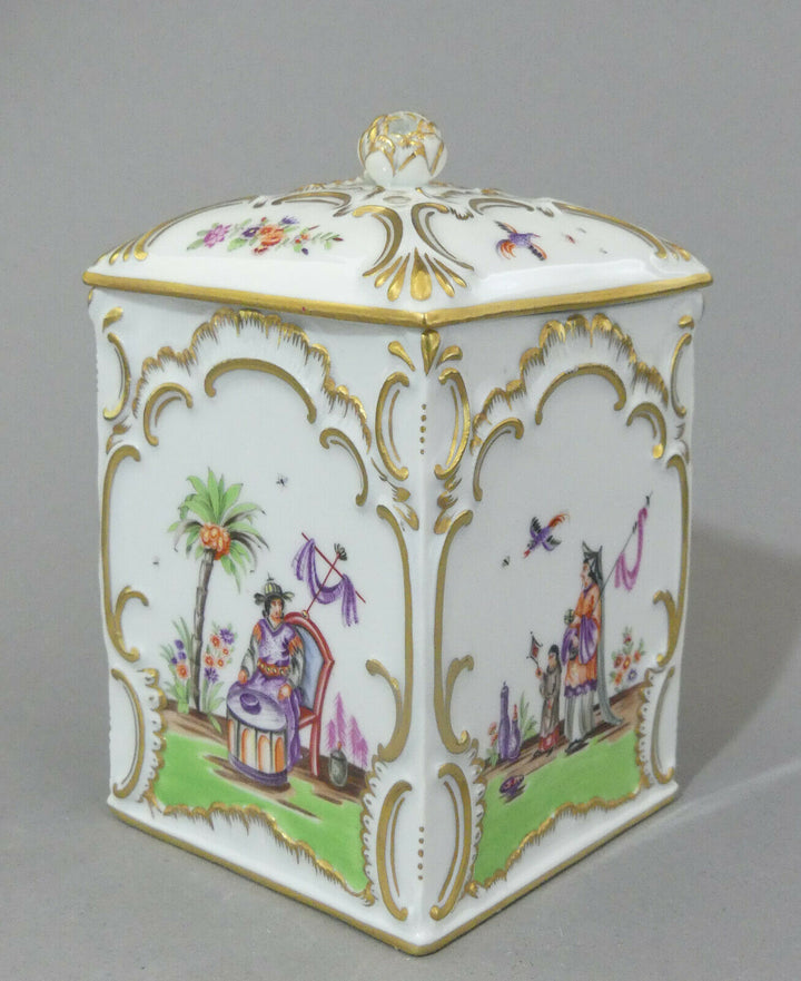 ⚔ Meissen quadr. Teedose Hoeroldt Chinoiserien H.14cm 1.Wahl TOP Pfeifferzeit