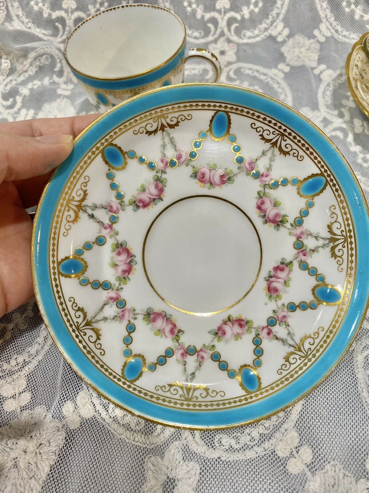Minton Hand Painted Turquoise Rose Gold Enamel Tea Cup Saucer Set