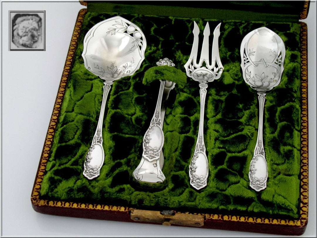 Coignet French All Sterling Silver Dessert Hors D'oeuvre Set 4 Pc, Box, Apples
