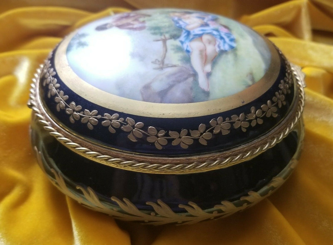 ANTIQUE FRENCH SEVRES PORCELAIN & BRONZE JEWERLY OR TRINKET BOX SIGNED BY ARTIST