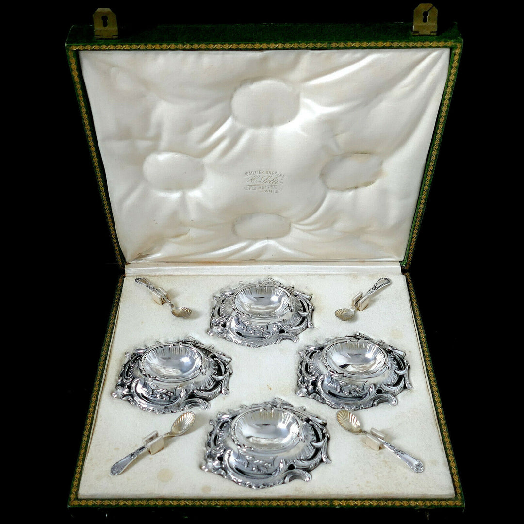 Puiforcat Rare French Sterling Silver 4 Salt Cellars, Spoons, Original Box