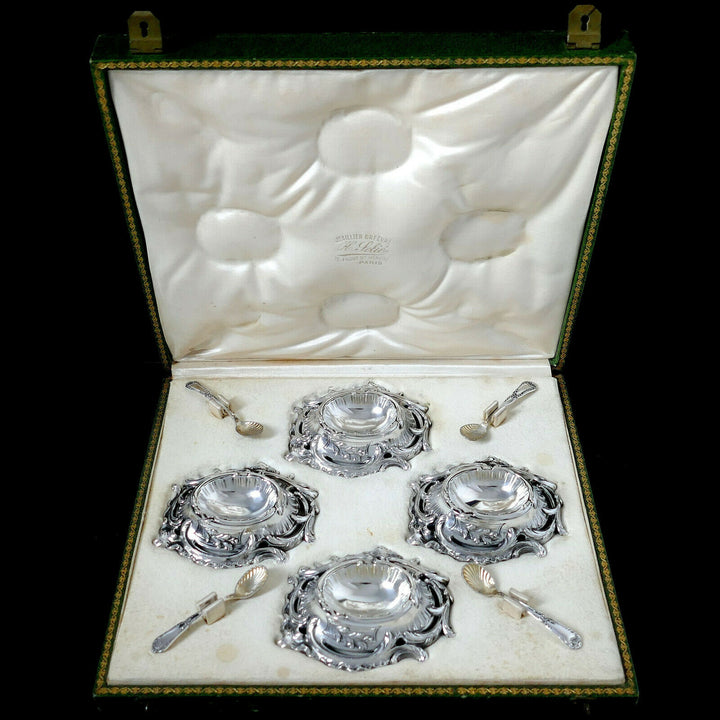 Puiforcat Rare French Sterling Silver 4 Salt Cellars, Spoons, Original Box
