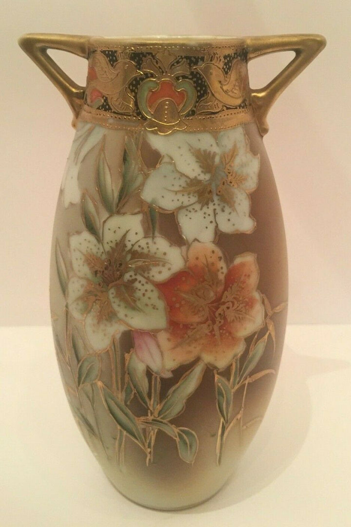 Antique Nippon Handled Hand Painted Brown Tiger Lilly Encrusted Porcelain Vase