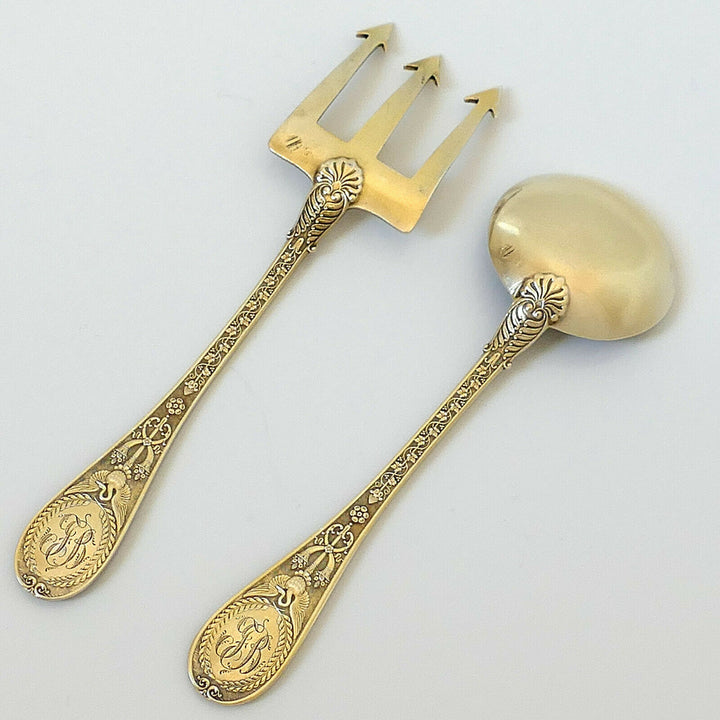 Queille Masterpiece French Sterling Silver 18k Gold Dessert Set, Empire