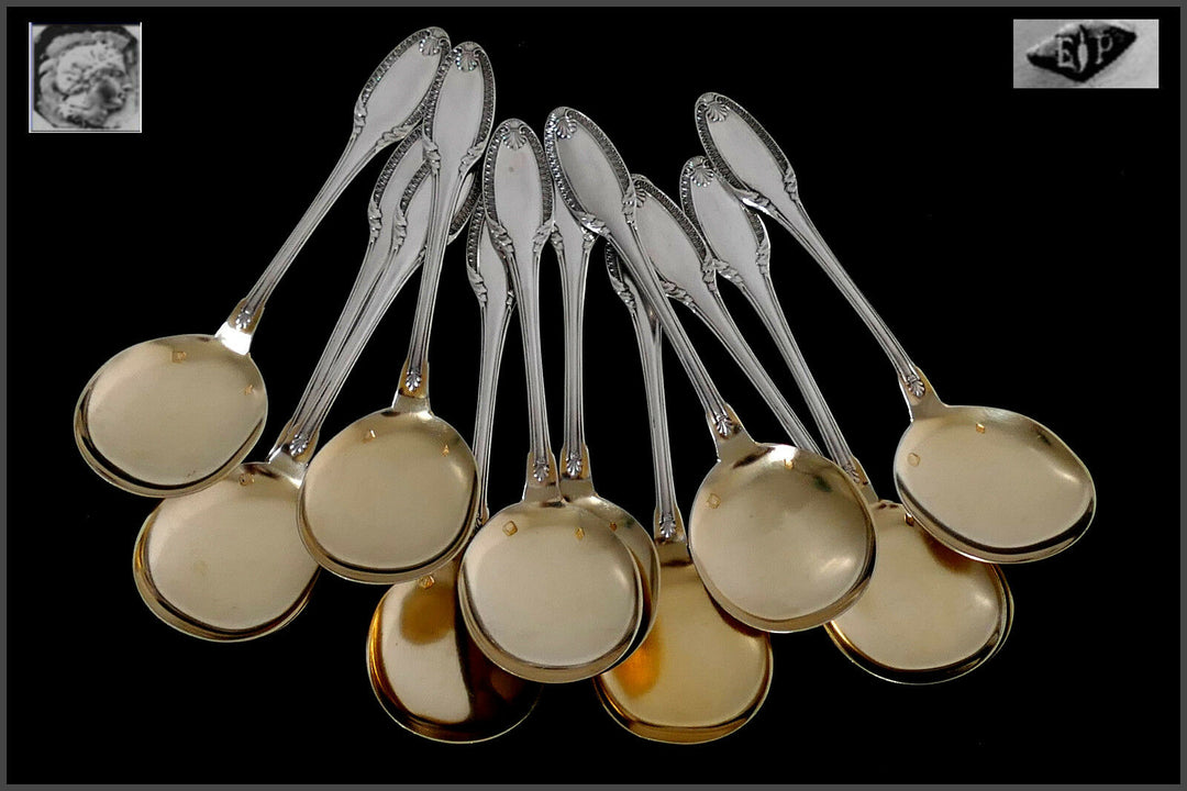 Puiforcat French Sterling Silver 18k Gold Ice Cream Spoons set 12 pc Palmette