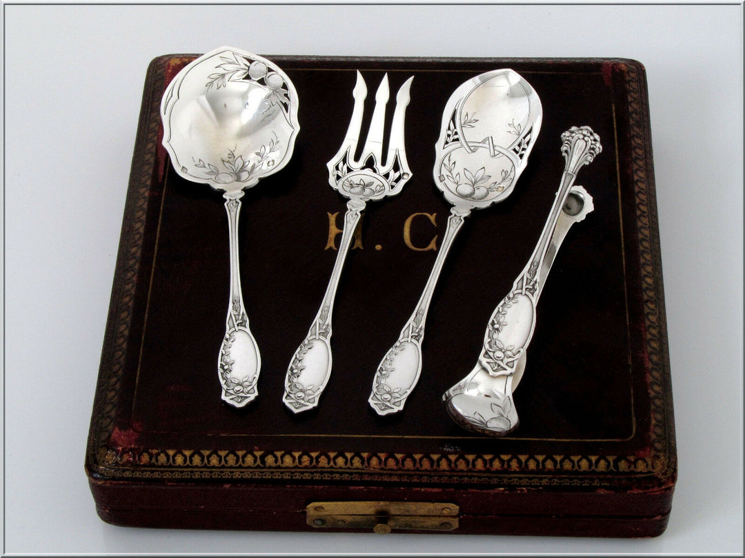 Coignet French All Sterling Silver Dessert Hors D'oeuvre Set 4 Pc, Box, Apples