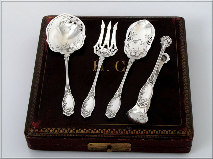Coignet French All Sterling Silver Dessert Hors D'oeuvre Set 4 Pc, Box, Apples