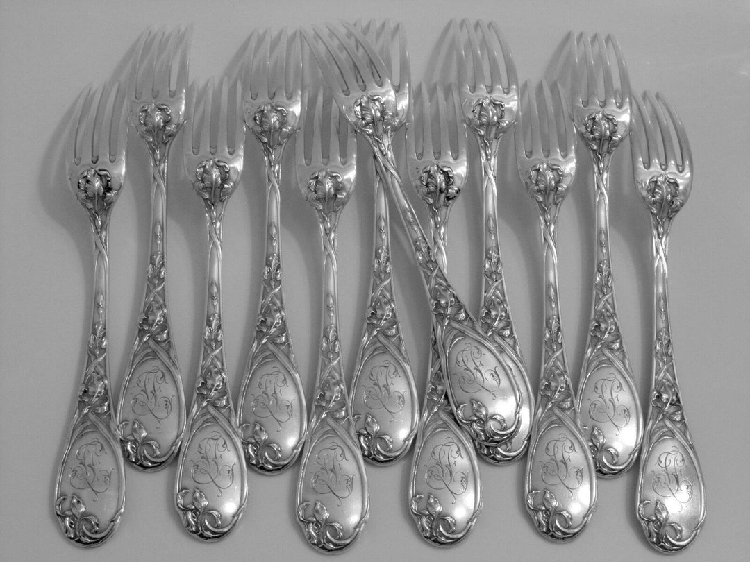 Puiforcat French Sterling Silver Dinner Flatware Set 25 pc Iris w/box