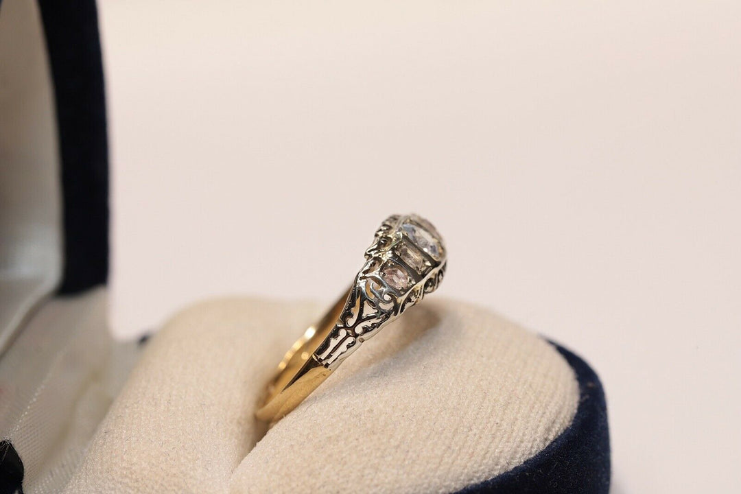 アンティーク 18K ナチュラルローズカットダイヤモンドとアクアマリンのリング