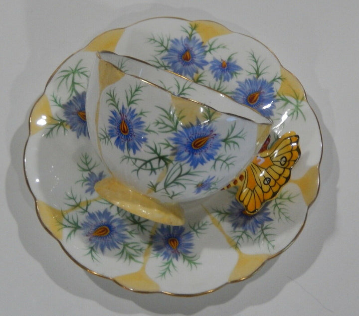 Rare 1930s Aynsley BUTTERFLY HANDLE CORNFLOWER CUP & SAUCER Hand painted Details