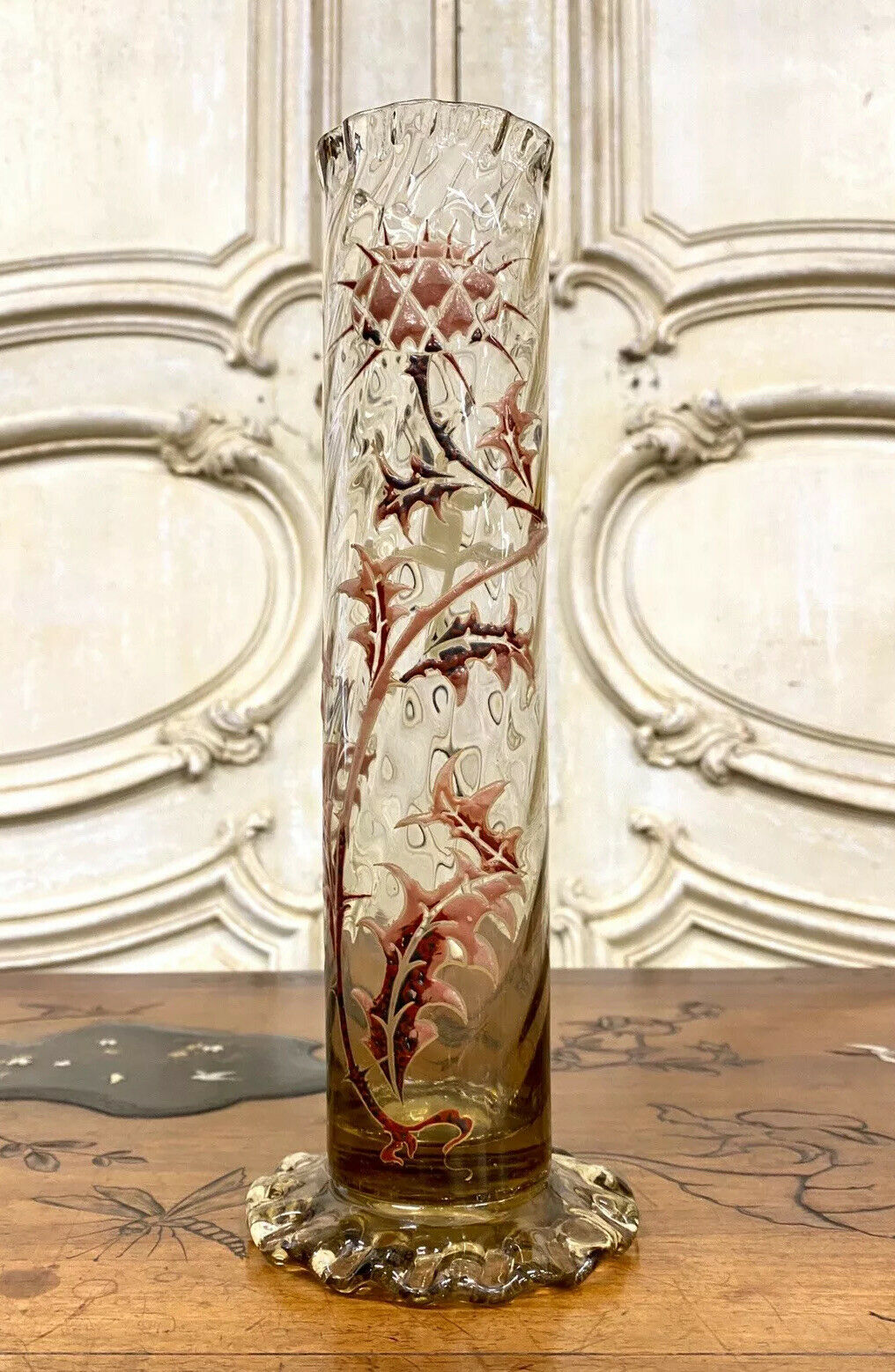 Émile Gallé - Vase Tube En Verre Dit «Chardon De Lorraine», Art Nouveau - 27cm