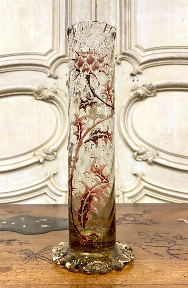 Émile Gallé - Vase Tube En Verre Dit «Chardon De Lorraine», Art Nouveau - 27cm
