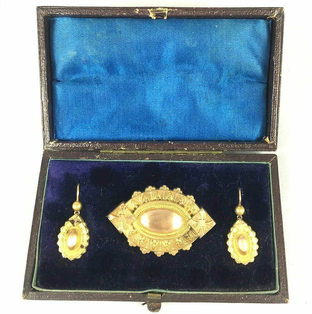 Antique Victorian 14k - 16k Gold Mourning Locket Brooch, Earrings Parure in Box