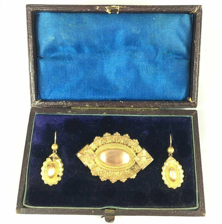 Antique Victorian 14k - 16k Gold Mourning Locket Brooch, Earrings Parure in Box