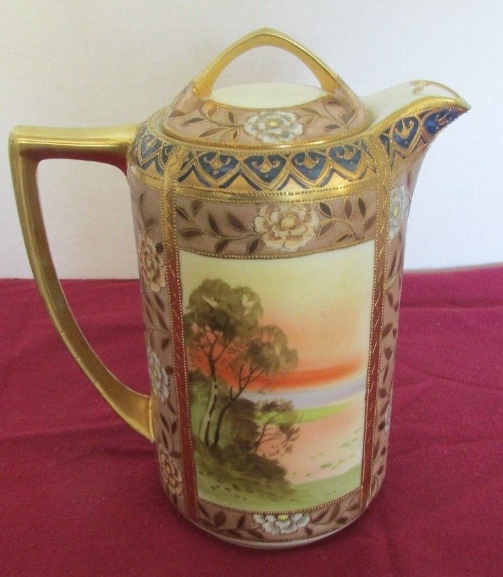NIPPON GRN MRK GOLD ENAMELED FLOWERS DESIGN SWANS LAKE COTTAGE 8"T CHOCOLATE POT