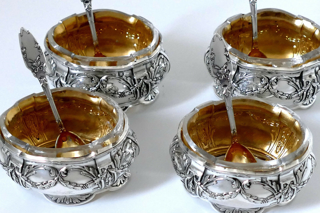 Collet French Sterling Silver 18k Gold Set 4 Salt Cellars, Spoons, Original box