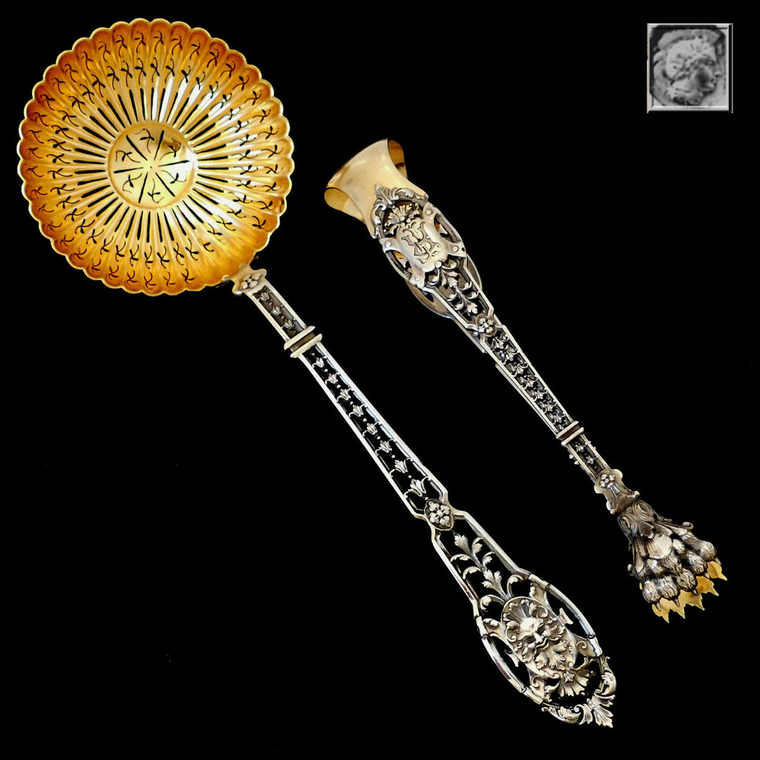 Puiforcat French Sterling Silver Sugar Sifter Spoon & Sugar Tongs, Box, Mascaron