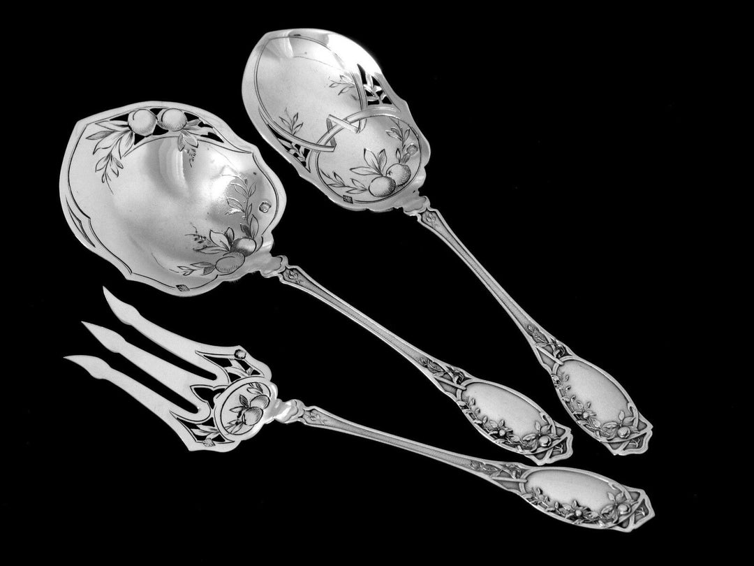 Coignet French All Sterling Silver Dessert Hors D'oeuvre Set 4 Pc, Box, Apples