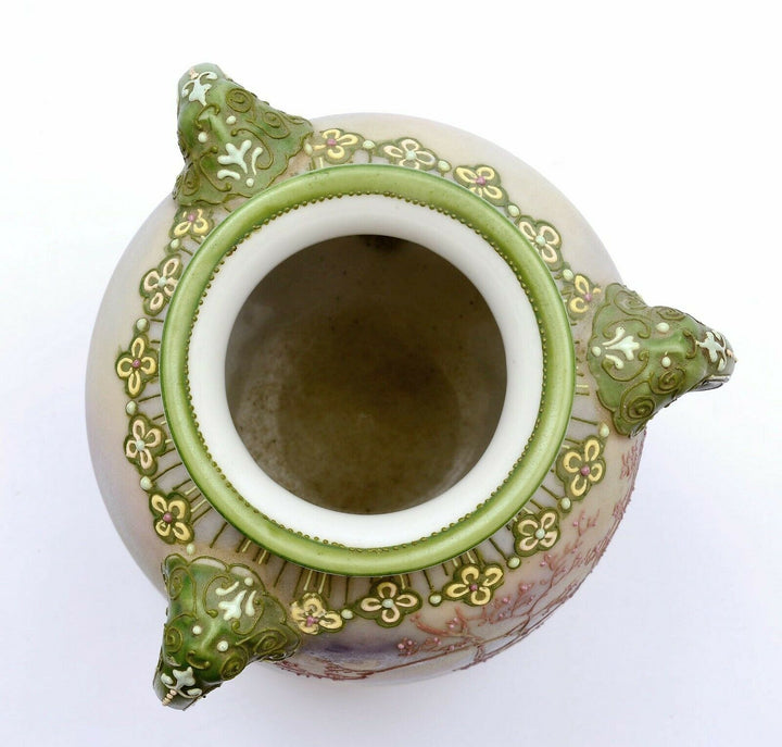 Japanese Hand Painted Moriage Nippon Porcelain Elephant Handle Scenic Vase Mk