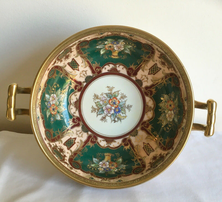 Vintage Art Deco Noritake Porcelain Flowers & Gold Gilded 2 Handled Footed Bowl