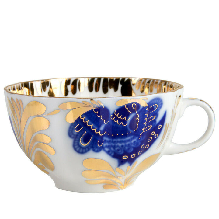 Imperial Porcelain Teacup & Saucer, Golden Garden Blue Bird Pattern, Lomonosov