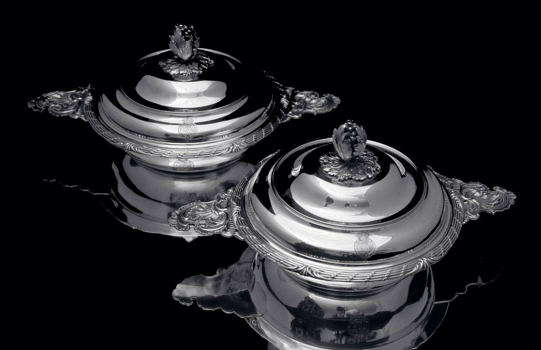 ODIOT, 2 COVERED 950 STERLING SILVER LOUIS XVI VEGETABLE SERVERS 1850-1899 BOWLS