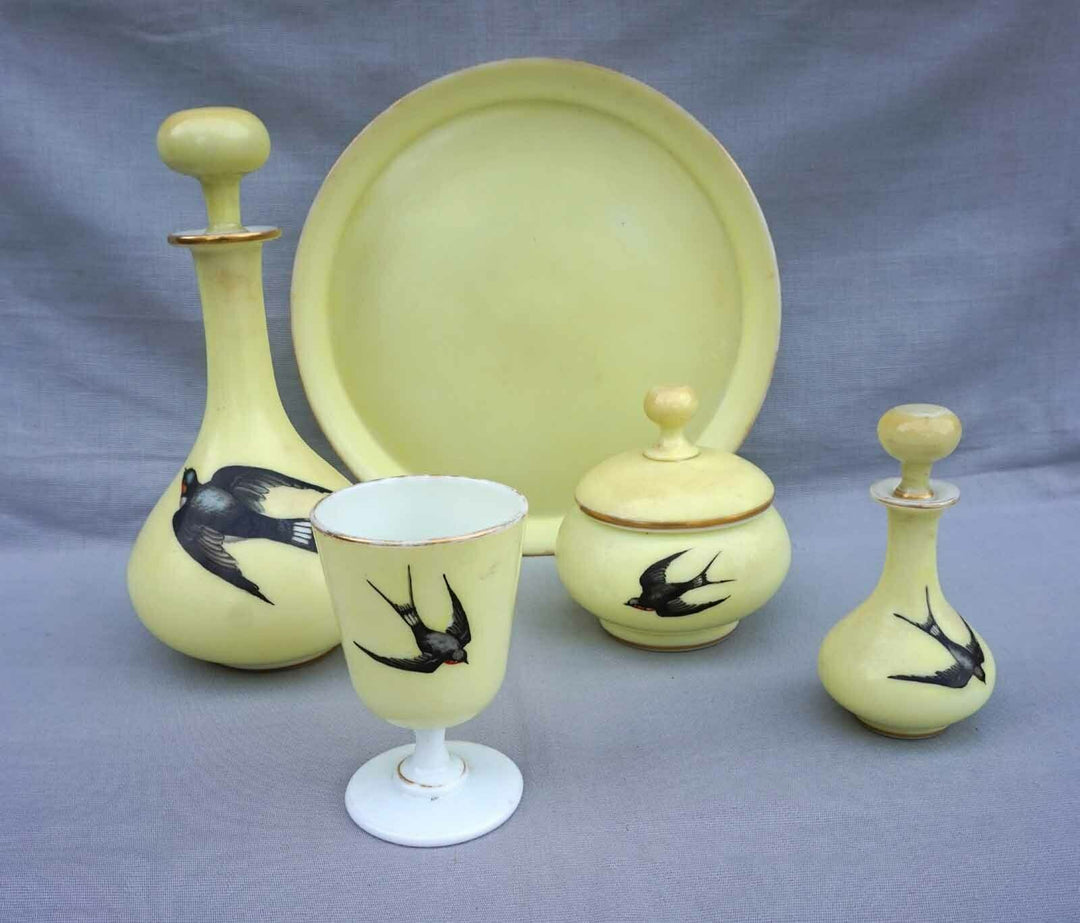 BACCARAT French Art Glass Hand Painted Yellow Opaline Night Set Swallow Complete
