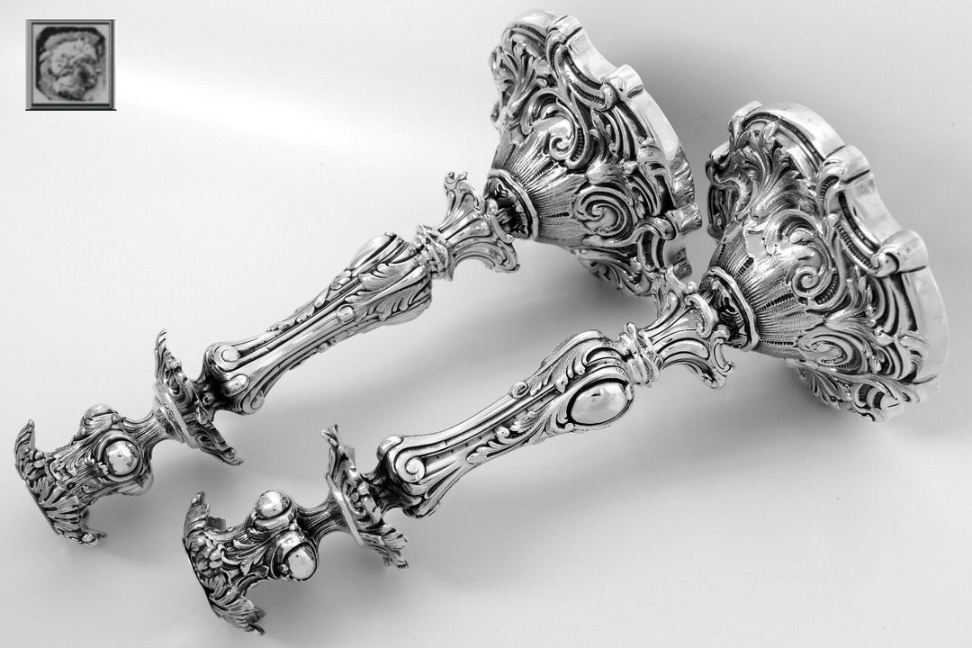 Antique French Sterling Silver Candlesticks Pair, 12"2