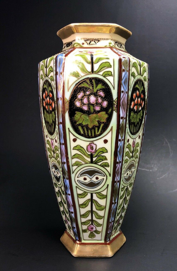 Early 9” NIPPON Noritake Porcelain Beaded Moriage Enamel Floral Art Vase Signed