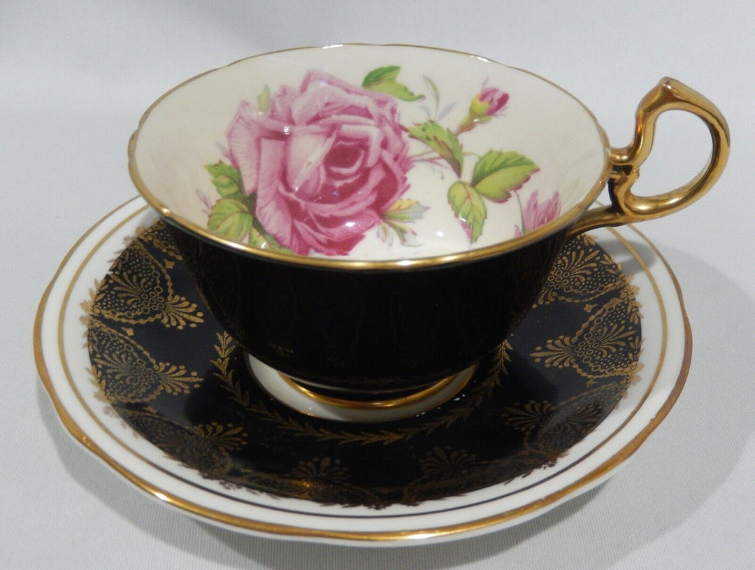 Vintage 1940s AYNSLEY PINK CABBAGE ROSE CUP & SAUCER on BLACK with Gold Filigree