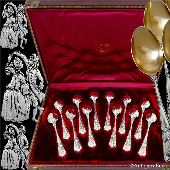 Puiforcat Masterpiece French Sterling Silver 18k Gold Tea Spoons Set 12 Pc, Box