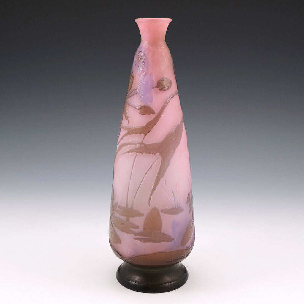 A Rare Galle Three Colour Aquatic Landscape Vase c1910