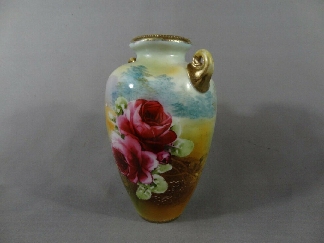 オールドノリタケ　水辺にピンクローズの花瓶