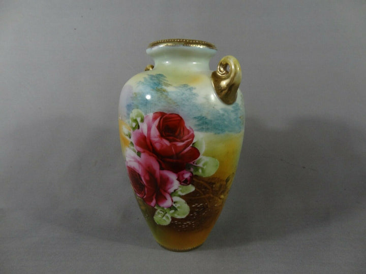 オールドノリタケ　水辺にピンクローズの花瓶