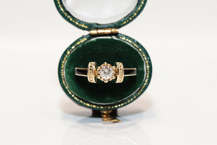 ヴィクトリアンスタイル 14K ナチュラルダイヤモンドとエメラルドのソリテールリング