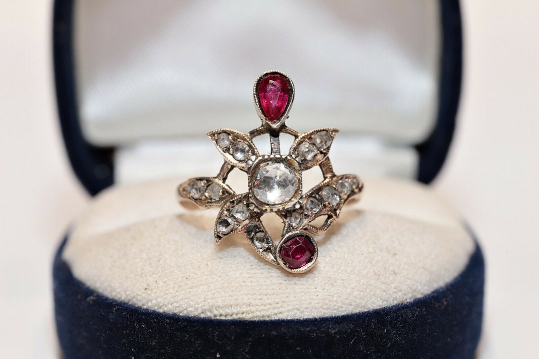 アンティーク 8K ナチュラルローズカットダイヤモンドとルビーのオスマンリング