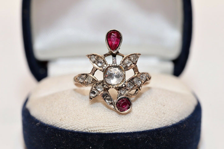 アンティーク 8K ナチュラルローズカットダイヤモンドとルビーのオスマンリング