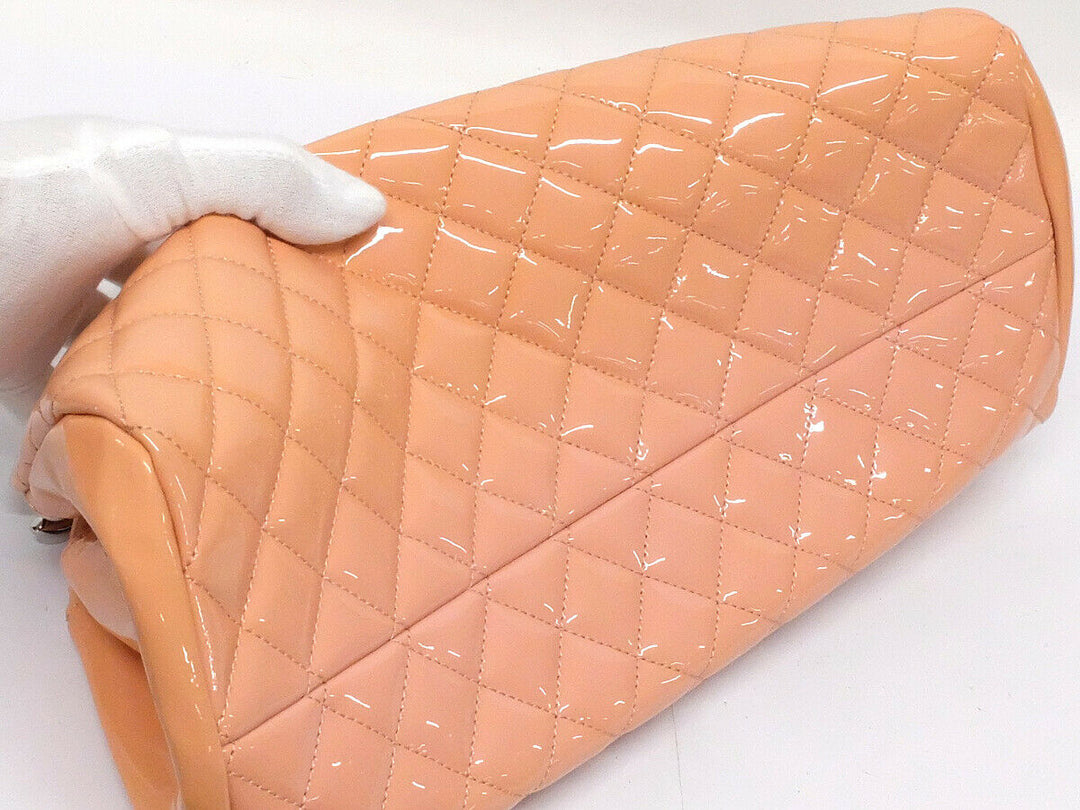 CHANEL Patent Tote Shoulder Bag Beige Pink Silver HW Medium