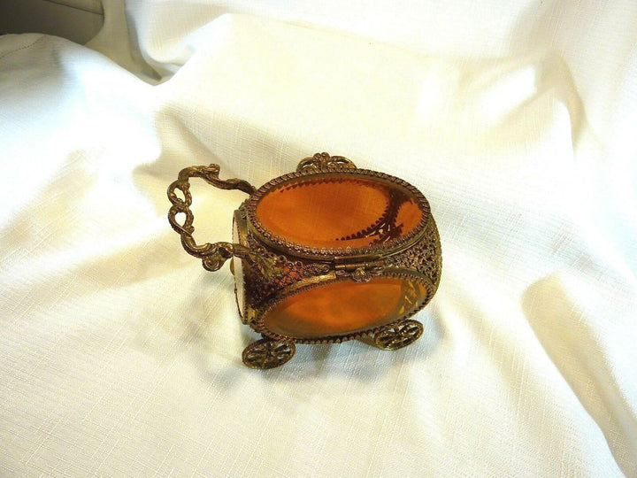 Vintage Ormolu 24k Gold Plate Amber Colour Beveled Glass Jewel Casket