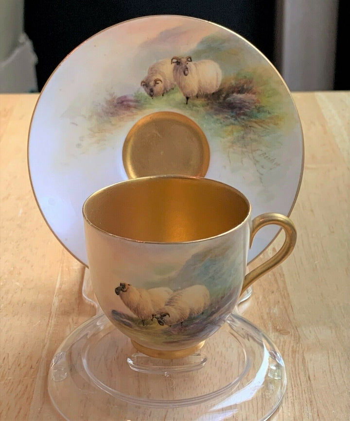 ロイヤルウースター、手描き羊柄カップ ＆ ソーサー、E. バーカー 1913年